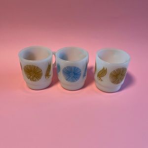 Set of 3 vintage fireking milk glass mugs with flower leaf design